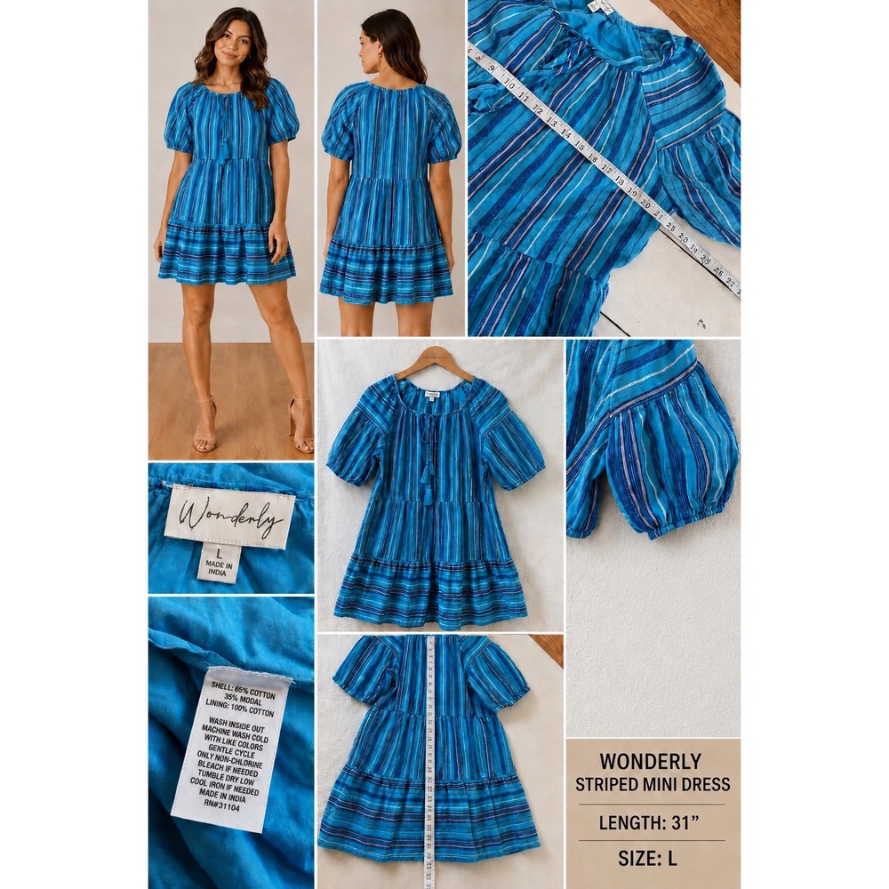 Wonderly Womens Blue Striped Tiered Mini Dress Short Puff Sleeve Tassel‎ Size L